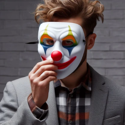 man holding clown mask to his face