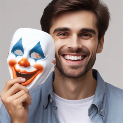 smiling man removing clown mask
