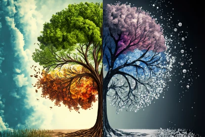 stylized tree with different colored leaves representing the colors of the seasons