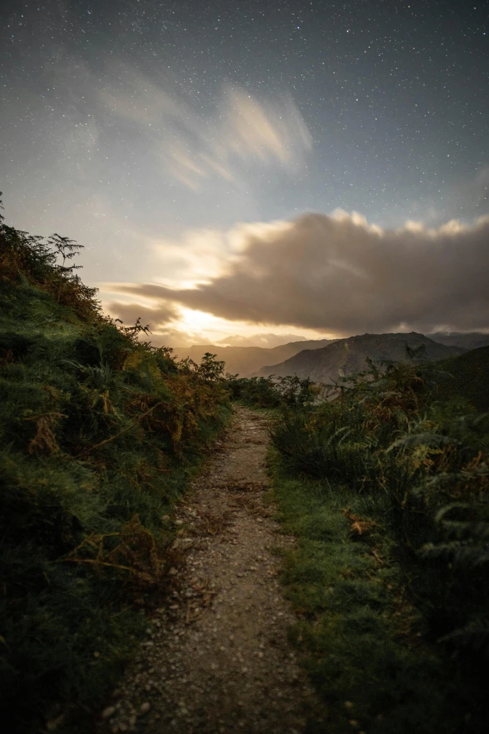 mountain path at sunset