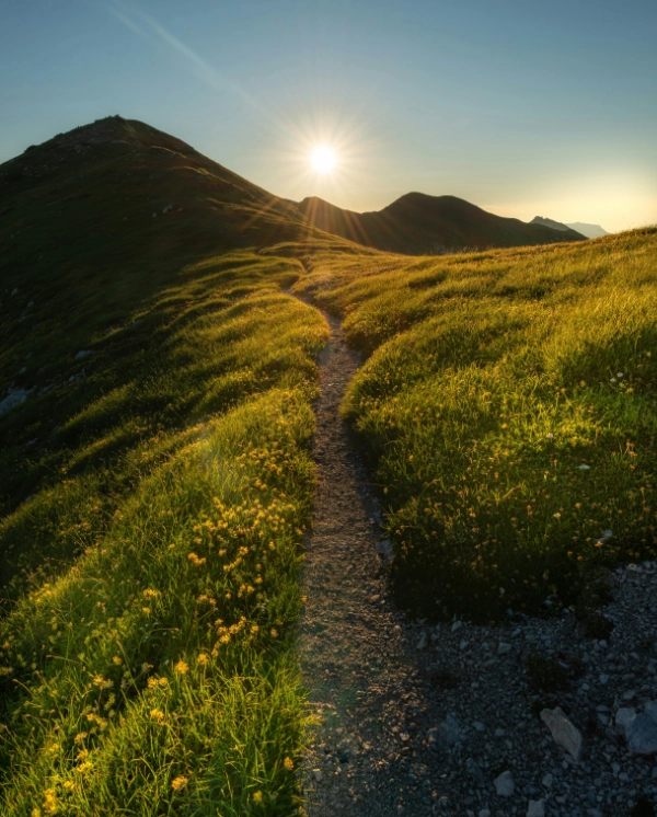 mountain path with sun in background