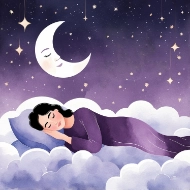 illustration of woman sleeping on cloud with moon in background