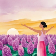 illustration of woman with arms raised to sunrise