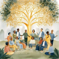 illustration of people gathered under a tree