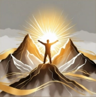 illustration of person on mountain with arms raised to the sun