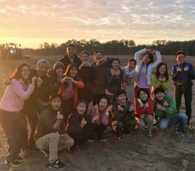 smiling people in field at sunset