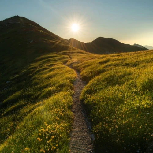 mountain path with sun in background