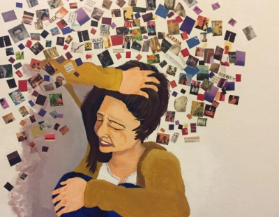 illustration of person in turmoil with pictures flying around their head